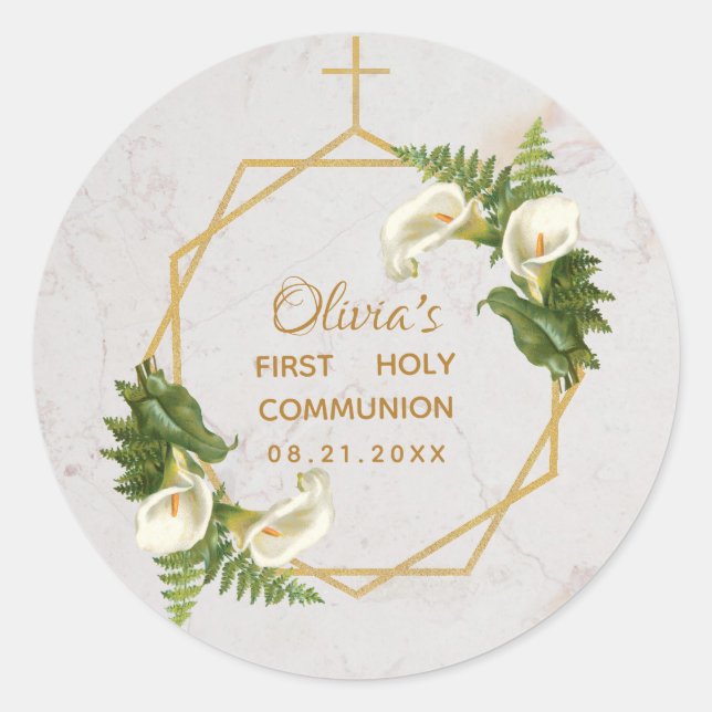 First Communion Marble Gold Calla Lilies Geometric Classic Round Sticker (Front)