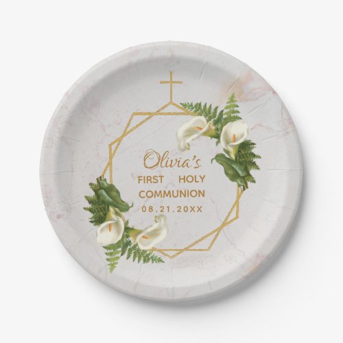 First Communion Marble Gold Calla Lilies Geometric Paper Plates