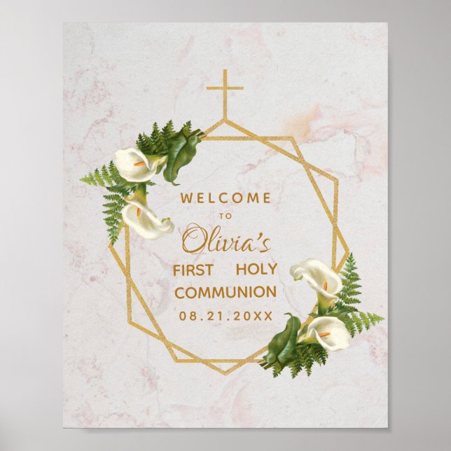 First Communion Marble Gold Calla Lilies Welcome Poster (Front)