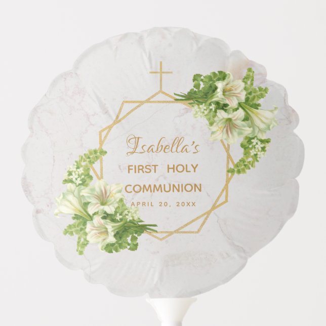 First Communion Marble Gold Lilies Photo Floral Balloon (Front)