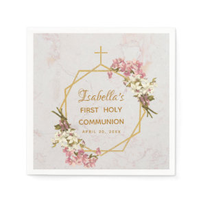 First Communion Marble Gold Orchid Floral Geometry Napkins