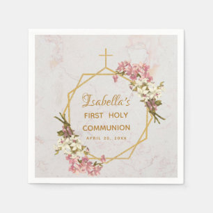 First Communion Marble Gold Orchid Floral Geometry Napkins