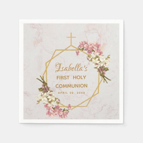 First Communion Marble Gold Orchid Floral Geometry Napkins