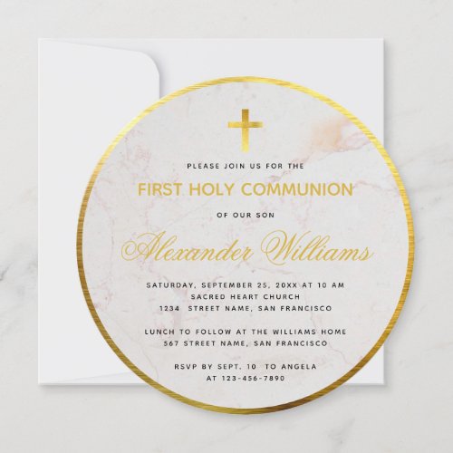 First Communion Marble Script Faux Gold Foil Round Invitation