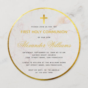First Communion Marble Script Faux Gold Foil Round Invitation