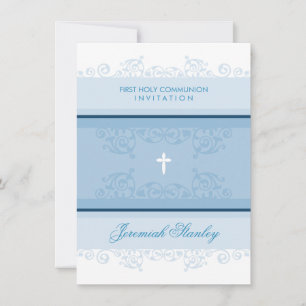 FIRST COMMUNION modern elegant swirls curls blue Invitation
