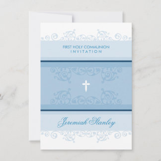 FIRST COMMUNION modern elegant swirls curls blue Invitation