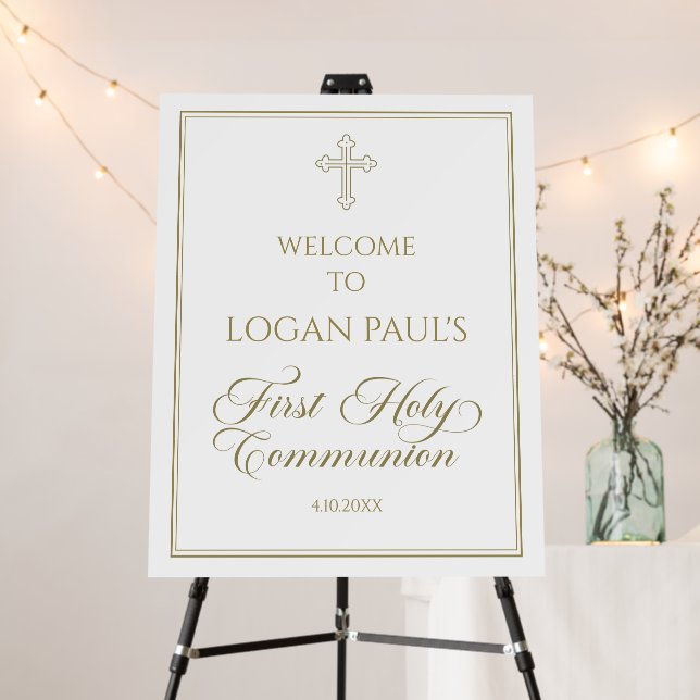 First Communion Modern Welcome Sign gold and white (In Situ (Stand))