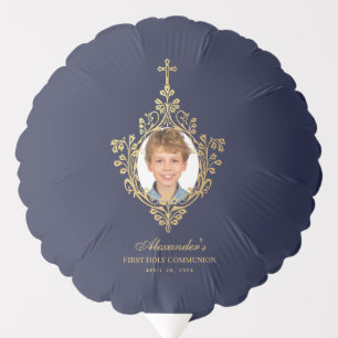 First Communion Navy Blue Boy Photo Faux Gold Foil Balloon