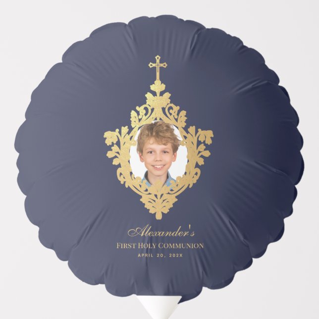 First Communion Navy Blue Boy Photo Faux Gold Foil Balloon (Front)