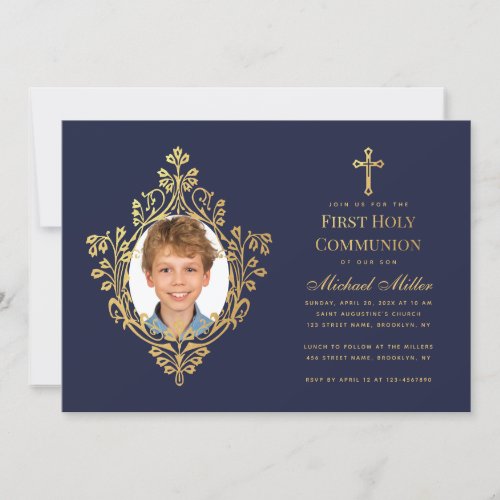 First Communion Navy Blue Boy Photo Faux Gold Foil Invitation