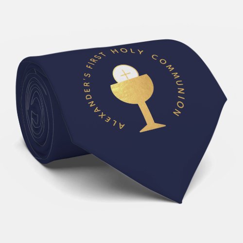 First Communion Navy Blue Faux Gold Chalice  Name Neck Tie