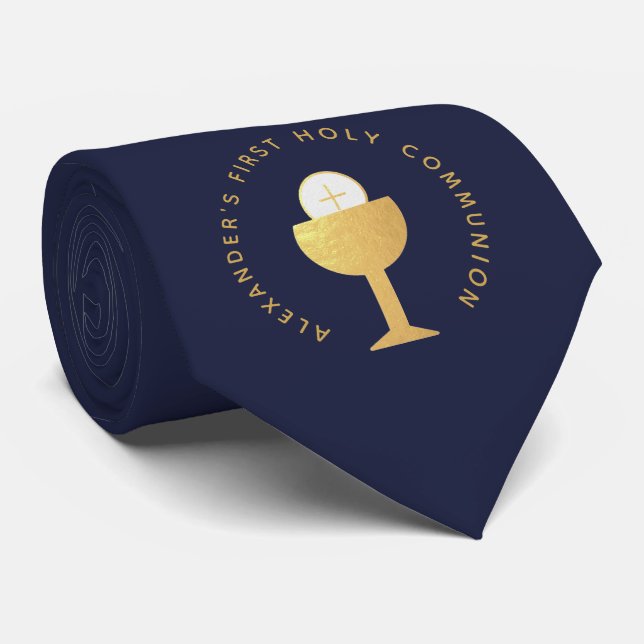First Communion Navy Blue Faux Gold Chalice & Name Neck Tie (Rolled)