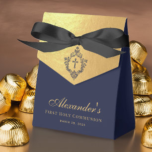 First Communion Navy Blue Faux Gold Elegant Crest Favor Boxes