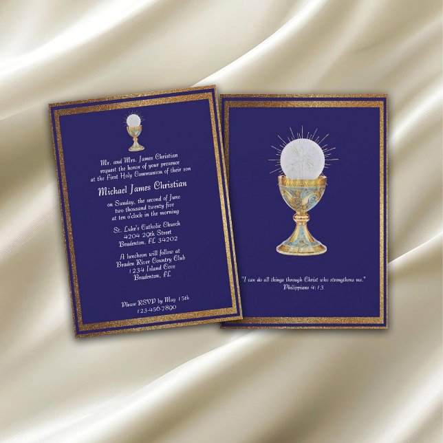 First Communion navy blue gold chalice host Invitation (Creator Uploaded)