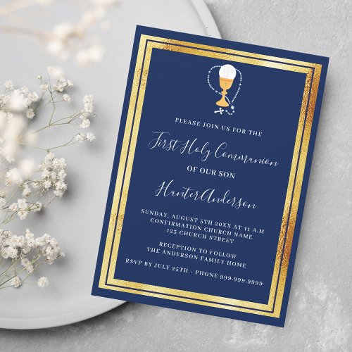 First Communion navy blue gold chalice host luxury Invitation
