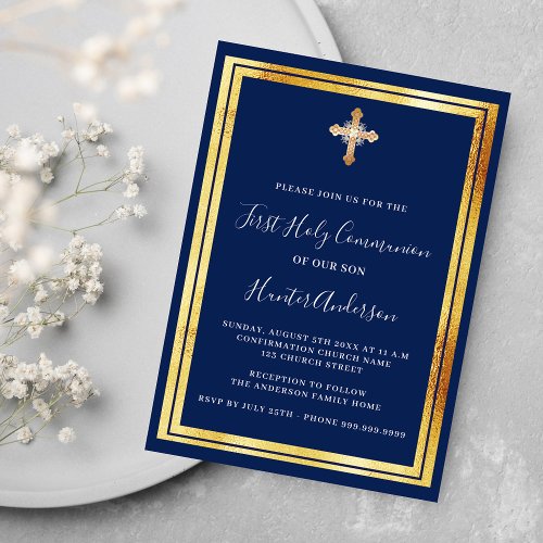 First Communion navy blue gold cross Invitation