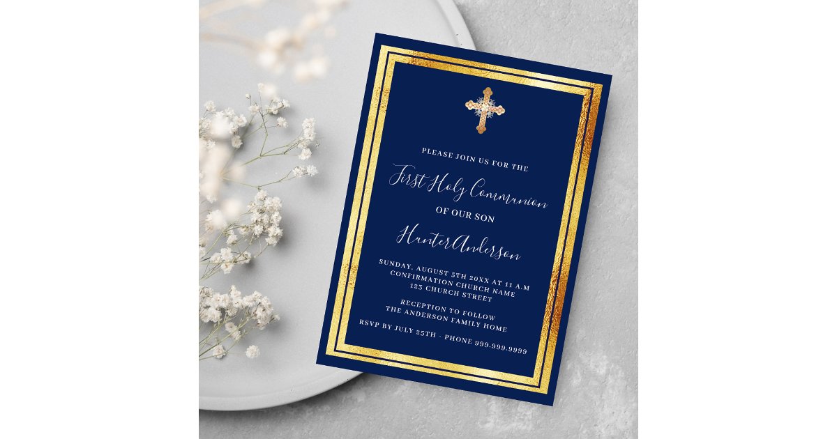 First Communion navy blue gold cross luxury Invitation | Zazzle
