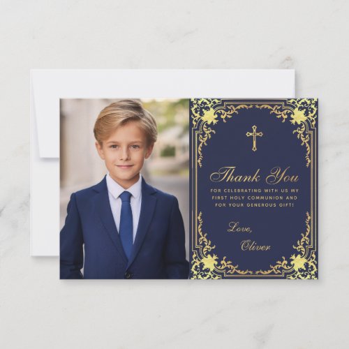 First Communion Navy Blue Gold Vintage Boy Photo  Thank You Card