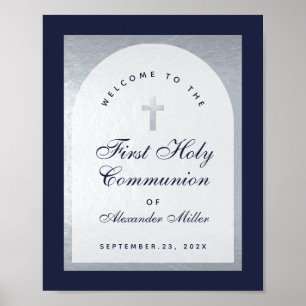 First Communion Navy Blue Silver Arch Welcome Poster