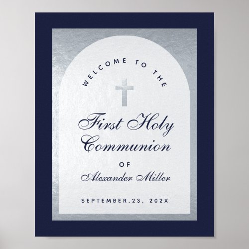 First Communion Navy Blue Silver Arch Welcome Poster
