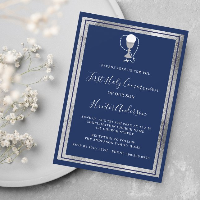 First Communion navy blue silver chalice host Invitation (Creator Uploaded)