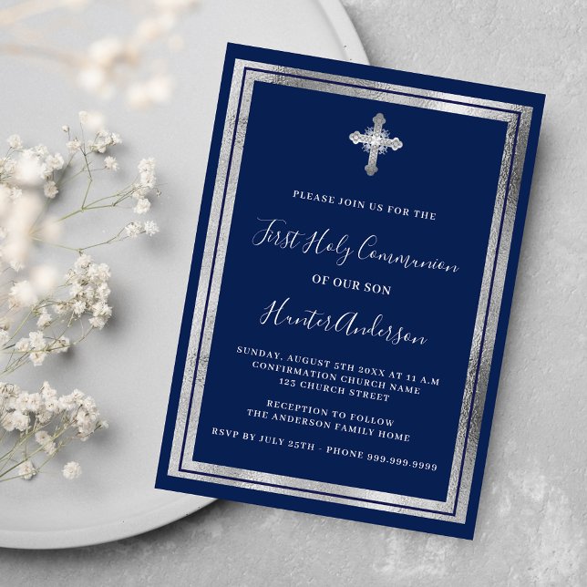 First Communion navy blue silver cross Invitation (Creator Uploaded)