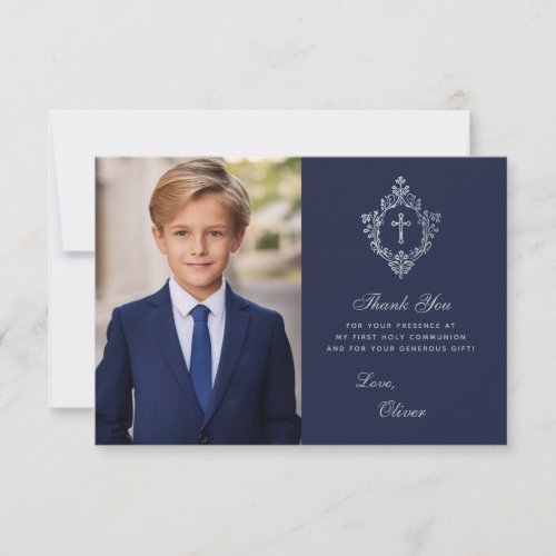 First Communion Navy Blue Vintage Boy Photo Crest Thank You Card