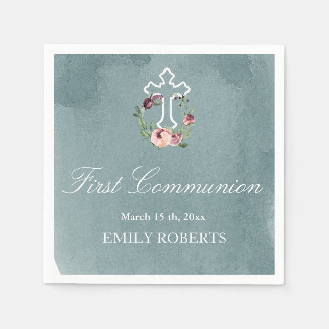 first communion ocean marsala floral monogram napkins (Front)