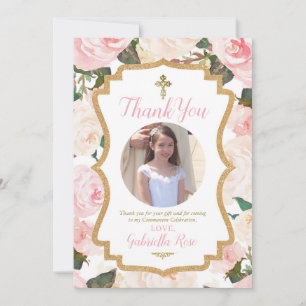 First Communion or Baptism Floral Pink Thank You Card