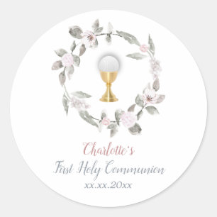 First Communion pale flowers circle Classic Round Sticker
