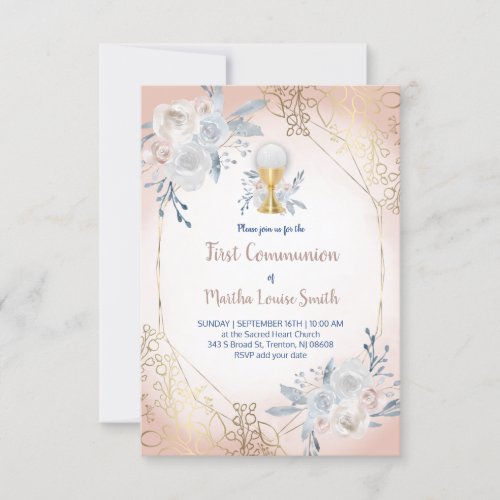 first communion pale flowers invitation