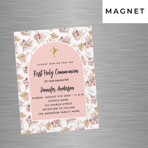 First Communion pampas flowers rose gold luxury Magnetic Invitation