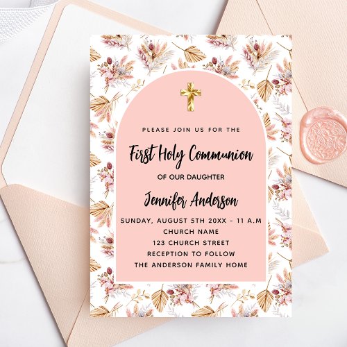 First Communion pampas flowers rose gold pink girl Invitation