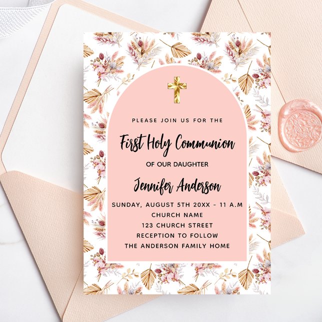 First Communion pampas flowers rose gold pink girl Invitation Postcard (Creator Uploaded)