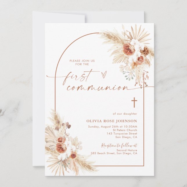 First Communion, Pampas Grass Boho Christening Invitation (Front)