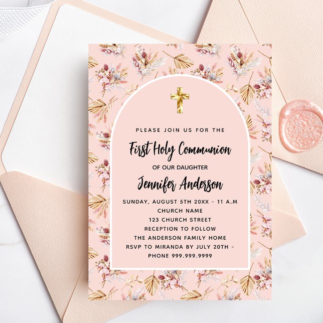 First Communion pampas grass flowers rose gold Invitation Postcard (Creator Uploaded)