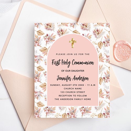 First Communion pampas rose gold budget invitation Flyer