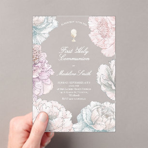 first communion pastel colors peonies acrylic invitations
