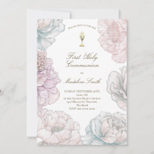 first communion pastel colors peonies invitation