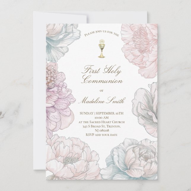 first communion pastel colors peonies  invitation (Front)