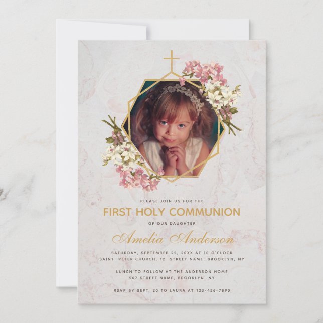 First Communion Photo Gold Marble Pink Orchids Invitation (Front)