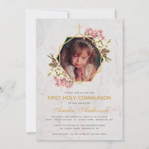 First Communion Photo Gold Marble Pink Orchids Invitation
