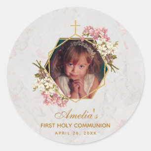 First Communion Photo Gold Pink Orchids Marble Classic Round Sticker