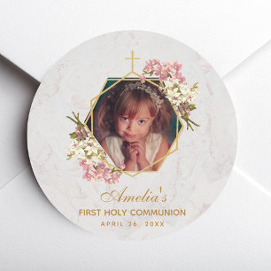 First Communion Photo Gold Pink Orchids Marble Classic Round Sticker