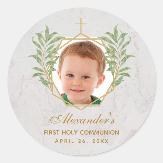 First Communion Photo Greenery Botanical Geometric Classic Round Sticker (Front)
