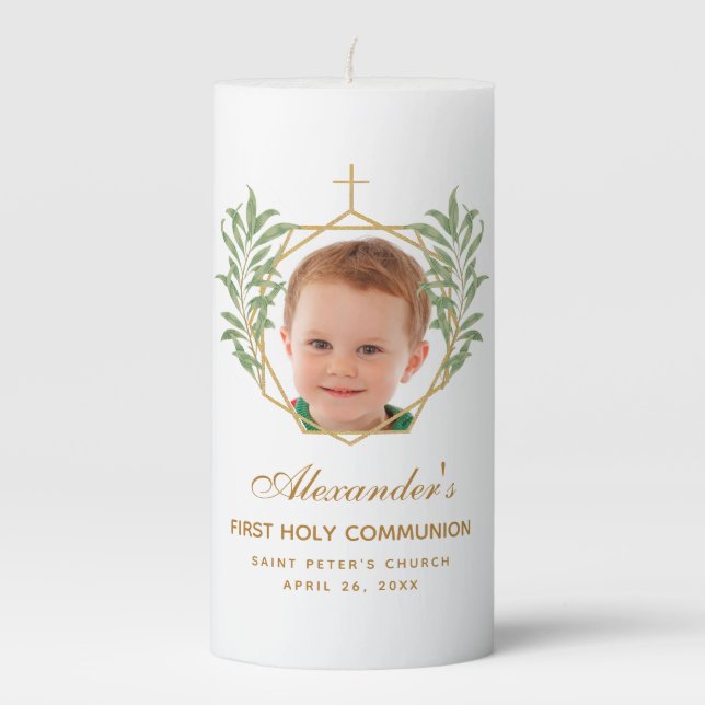 First Communion Photo Greenery Botanical Geometric Pillar Candle (Front)