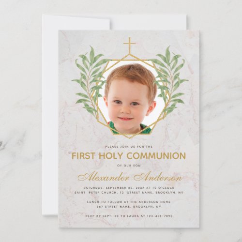 First Communion Photo Greenery Gold Marble Foliage Invitation