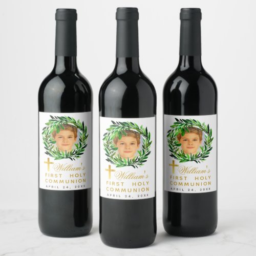 First Communion Photo in Greenery Wreath Faux Gold Wine Label
