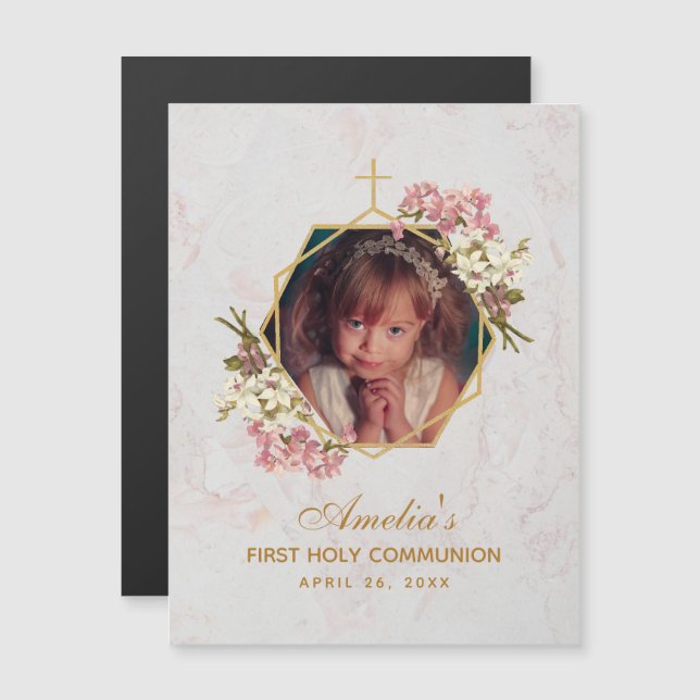First Communion Photo Marble Pink Orchids Gold (Front/Back)